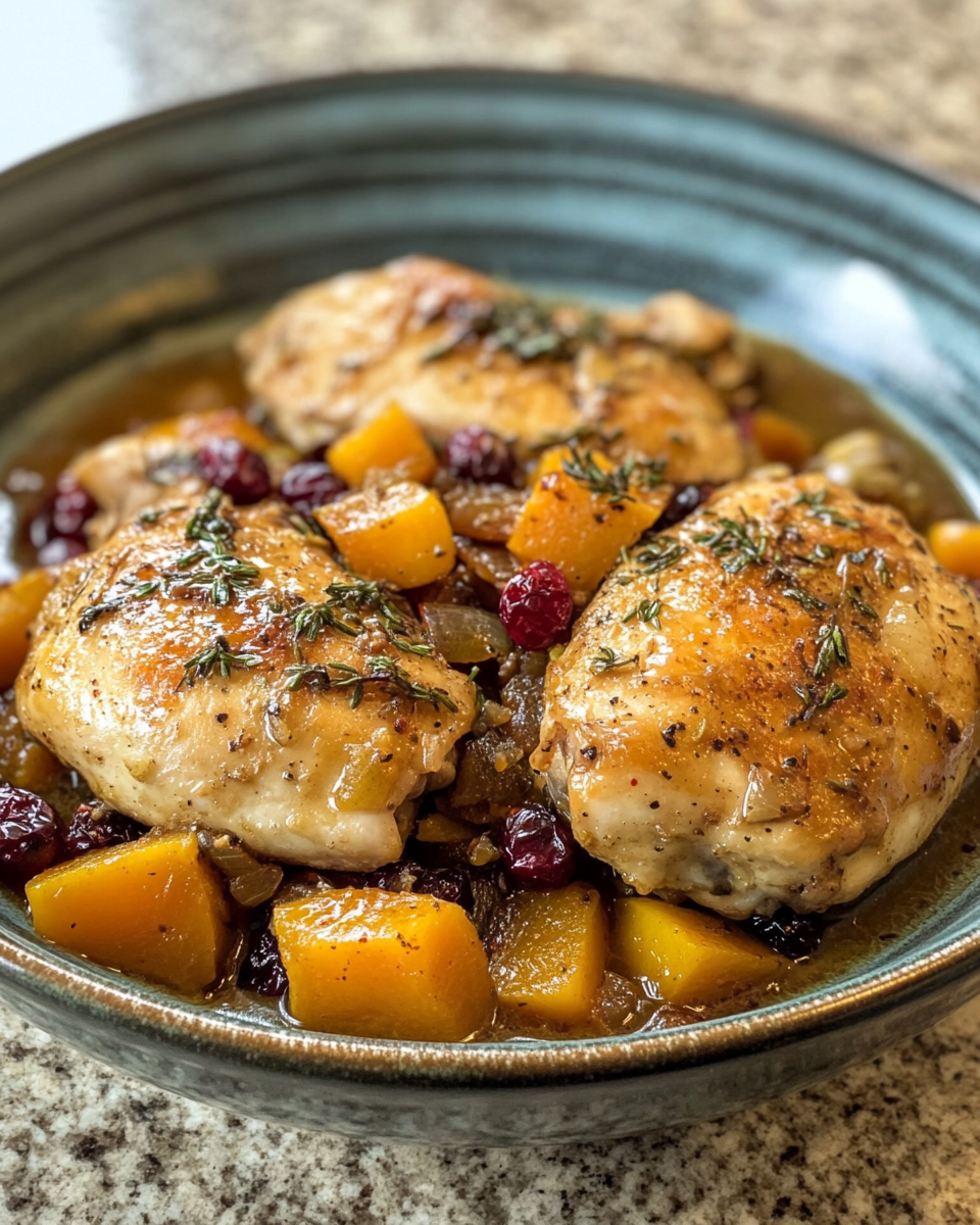 Braised chicken with butternut squash and cranberries cooking in a pressure cooker