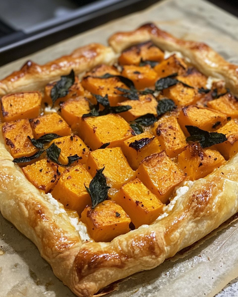 Preparing butternut squash and goat cheese filling for galette