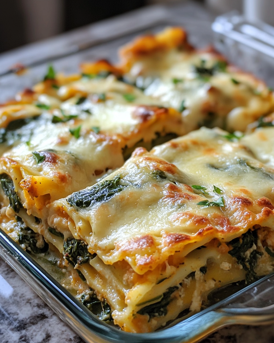 Golden bubbling butternut squash and spinach lasagna fresh out of the oven