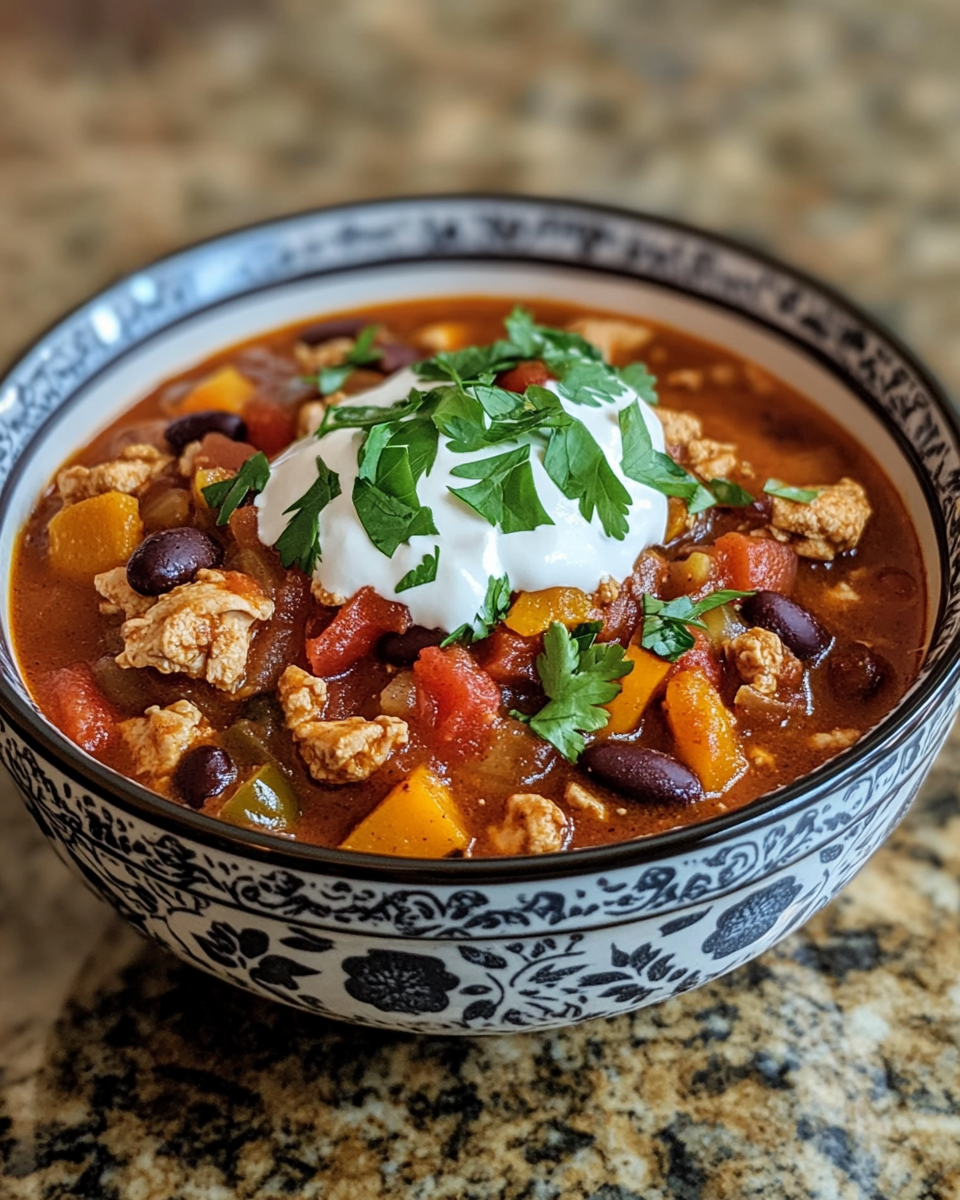 Bowl of butternut squash and turkey chili served with garnishes