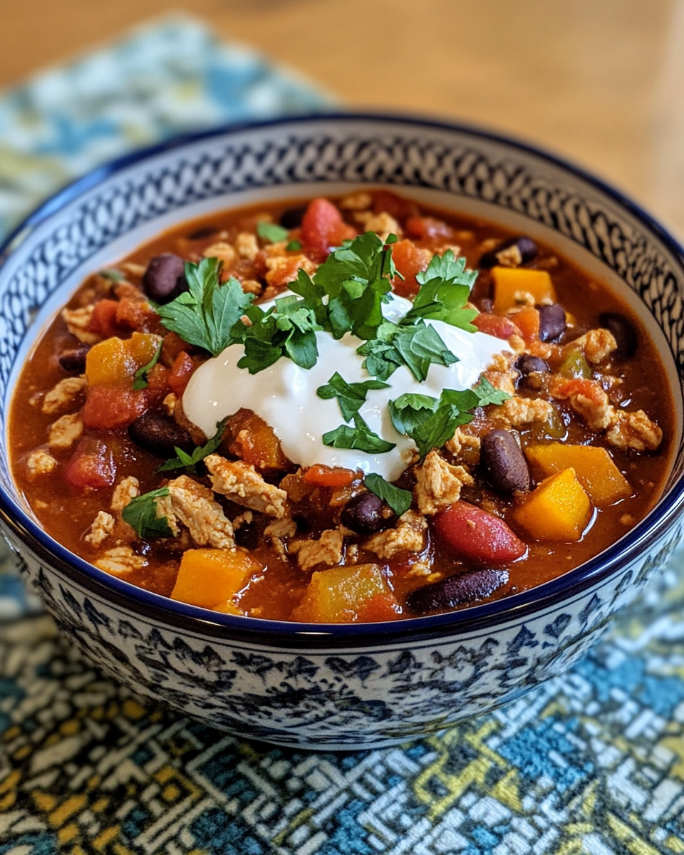 Steaming pot of butternut squash and turkey chili in pressure cooker