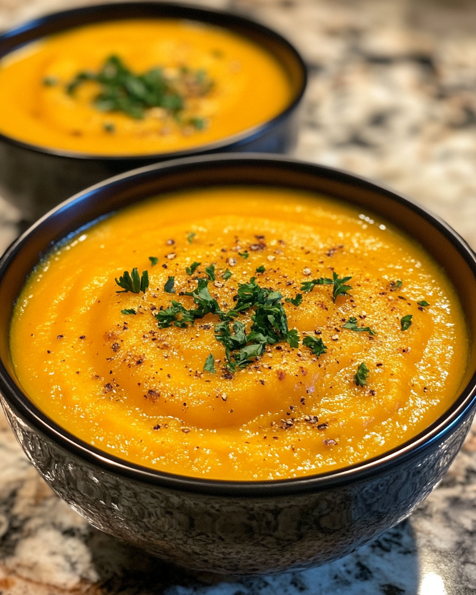 Creamy butternut squash carrot soup served in bowl with garnish