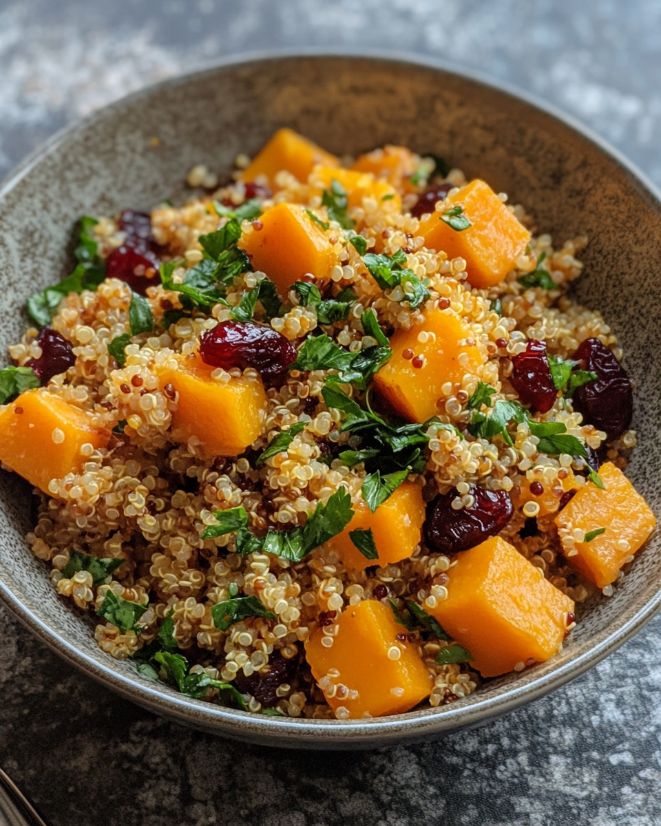 Bright serving bowl of butternut squash quinoa salad garnished with kale and apple slices