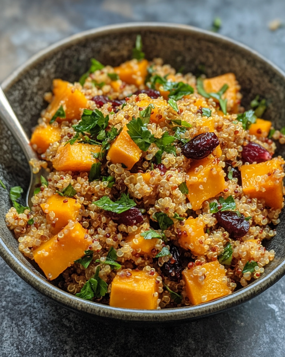 Close-up of butternut squash quinoa salad simmering with cranberries in pressure cooker