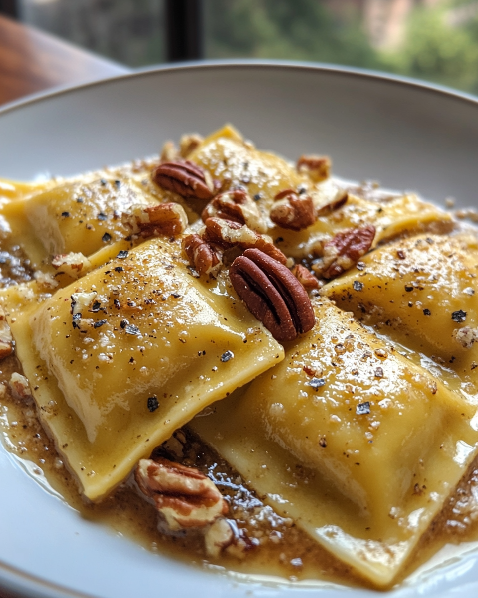 Delicious butternut squash ravioli with brown butter sauce and toasted pecans