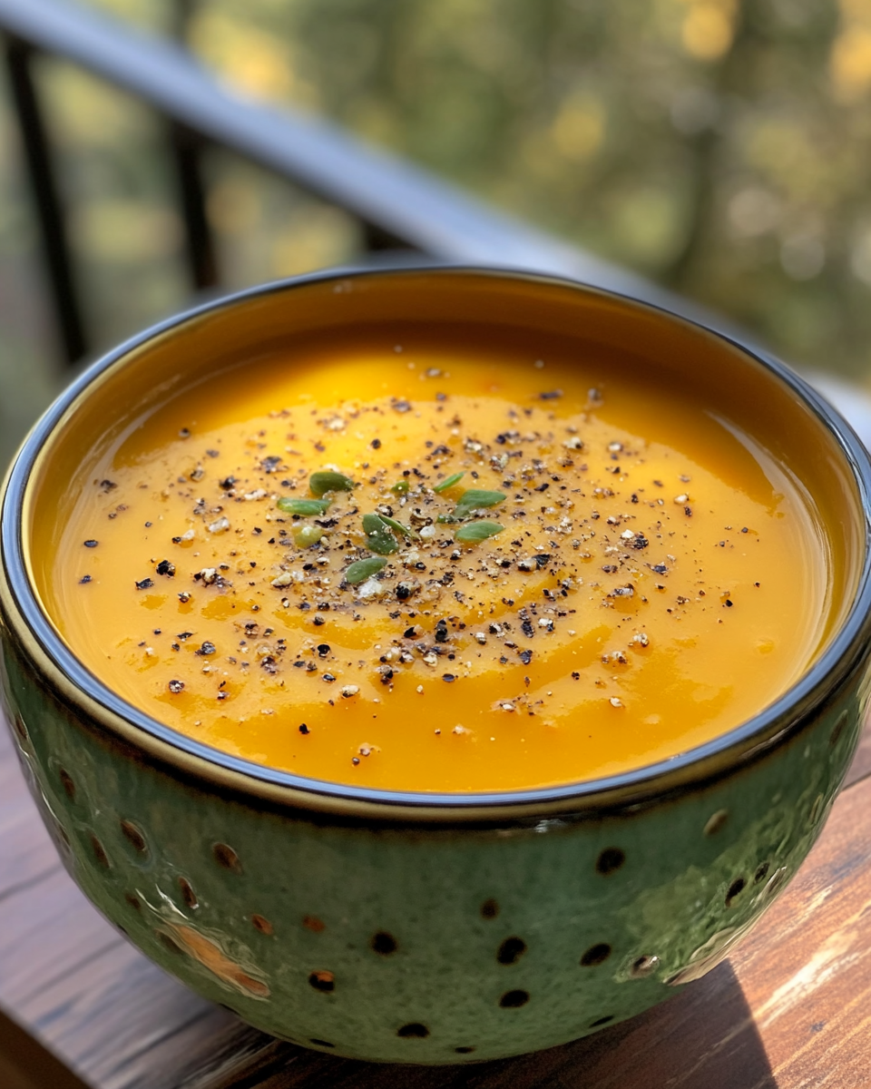 Creamy bowl of butternut squash soup with red peppers garnished and ready to eat