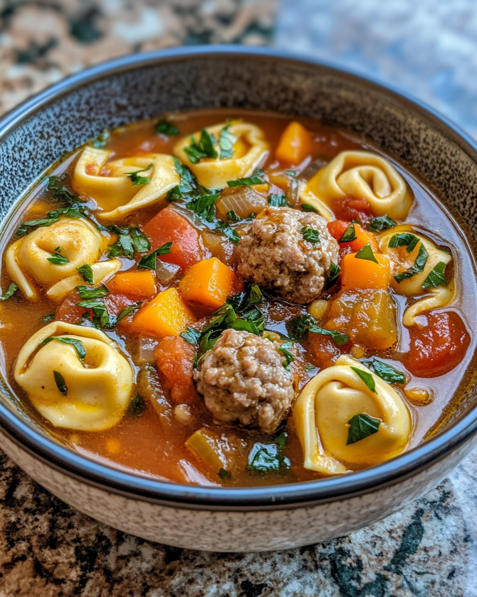 Ingredients for butternut squash and mini meatball tortellini soup laid out on the counter