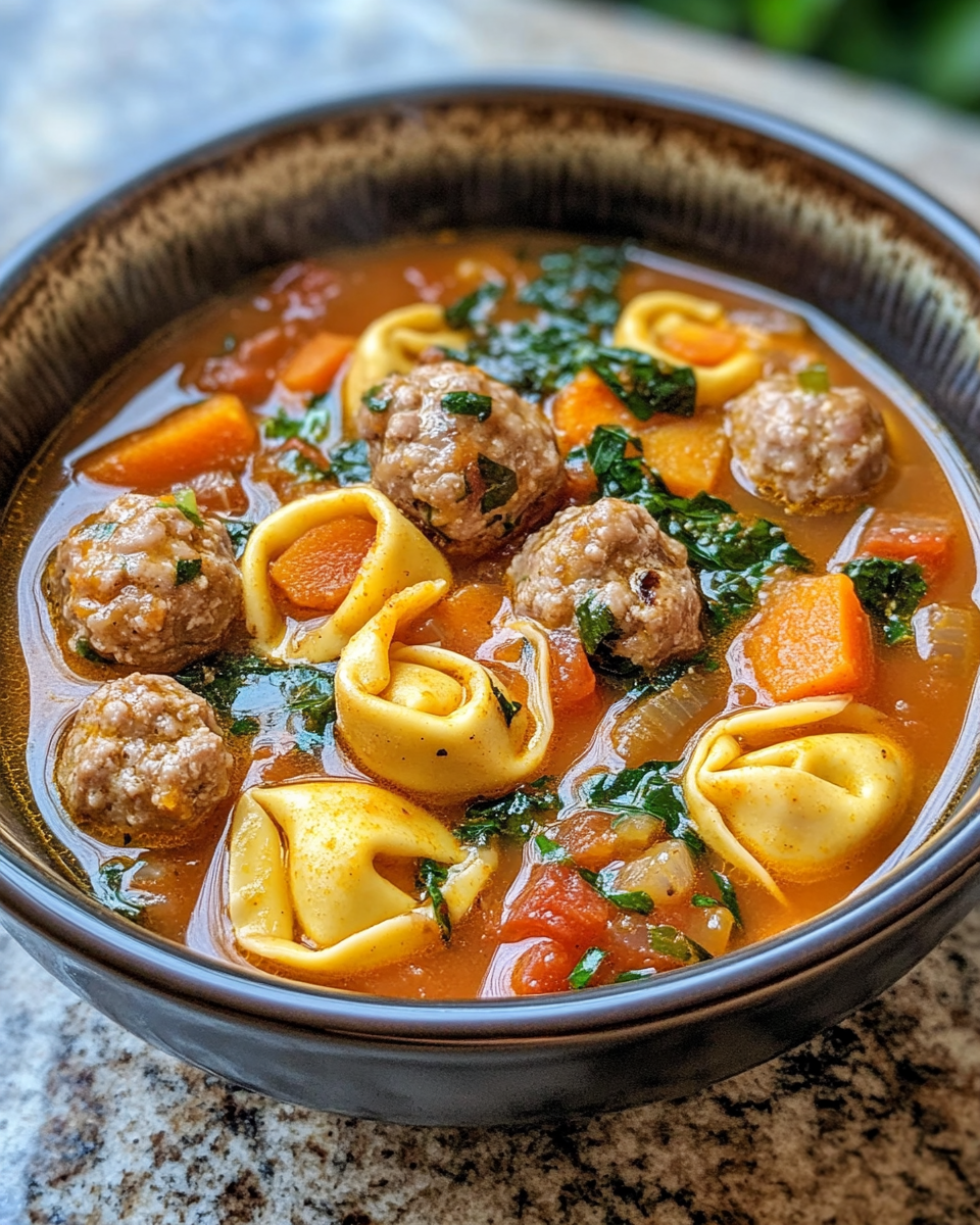 Bowl of finished butternut squash tortellini soup with mini meatballs and fresh spinach