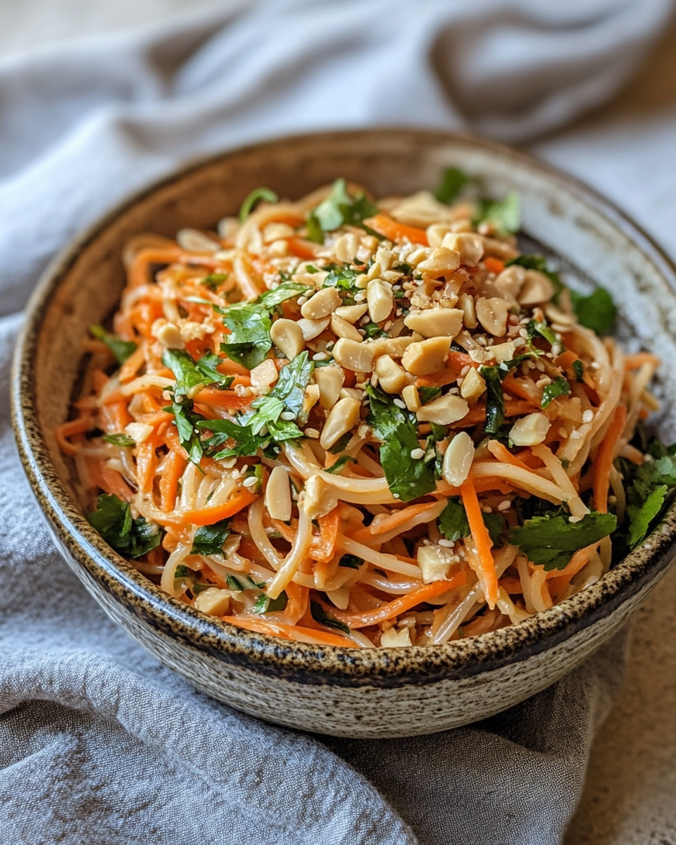 Ingredients for carrot peanut noodle salad laid out on kitchen counter