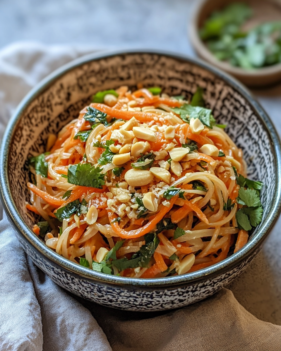 Served bowl of Thai peanut carrot noodles ready to enjoy