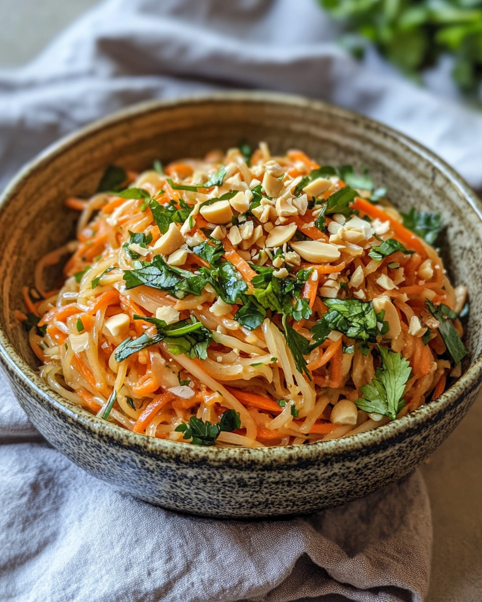 Fresh spiralized carrot noodles with peanut dressing in bowl