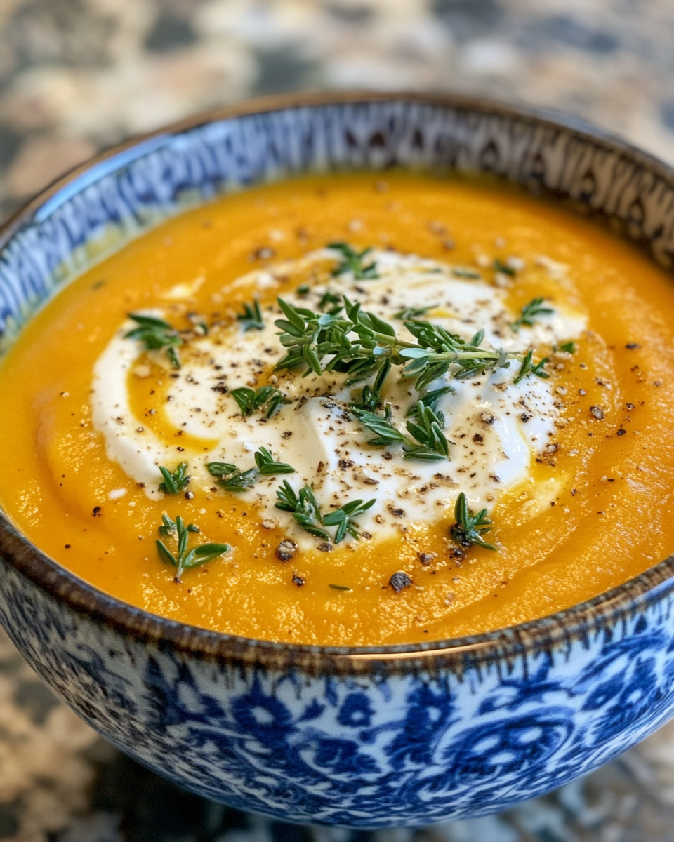 Smooth and creamy carrot thyme soup served in a bowl, ready to enjoy