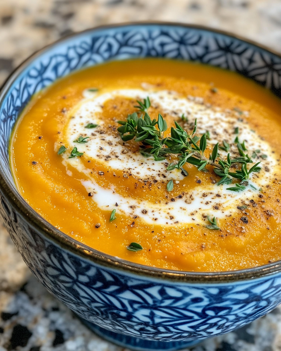 Close-up of piping hot carrot thyme soup in pot just as pressure starts building