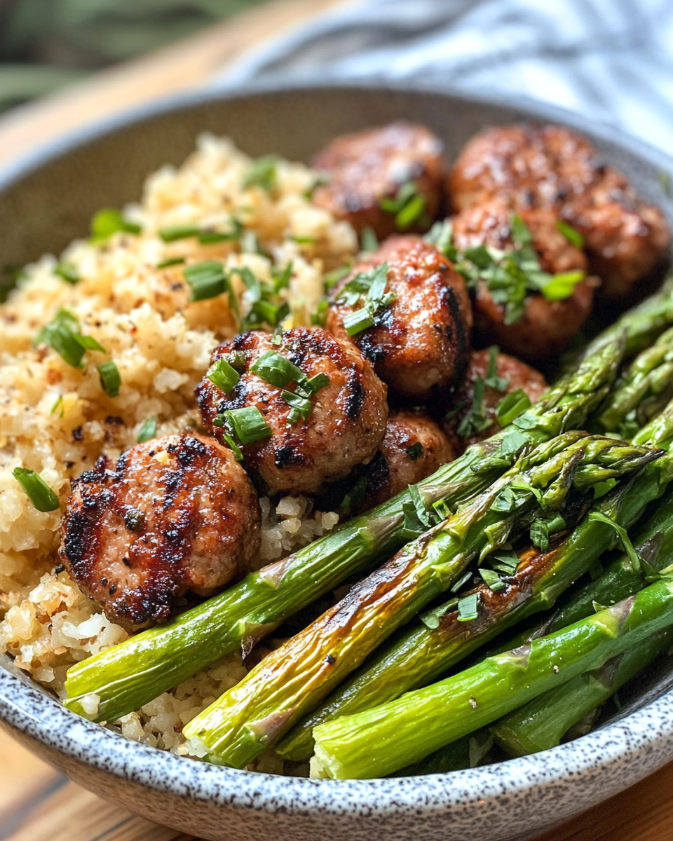 Frozen ingredients of riced cauliflower and grilled asparagus prepared for cooking