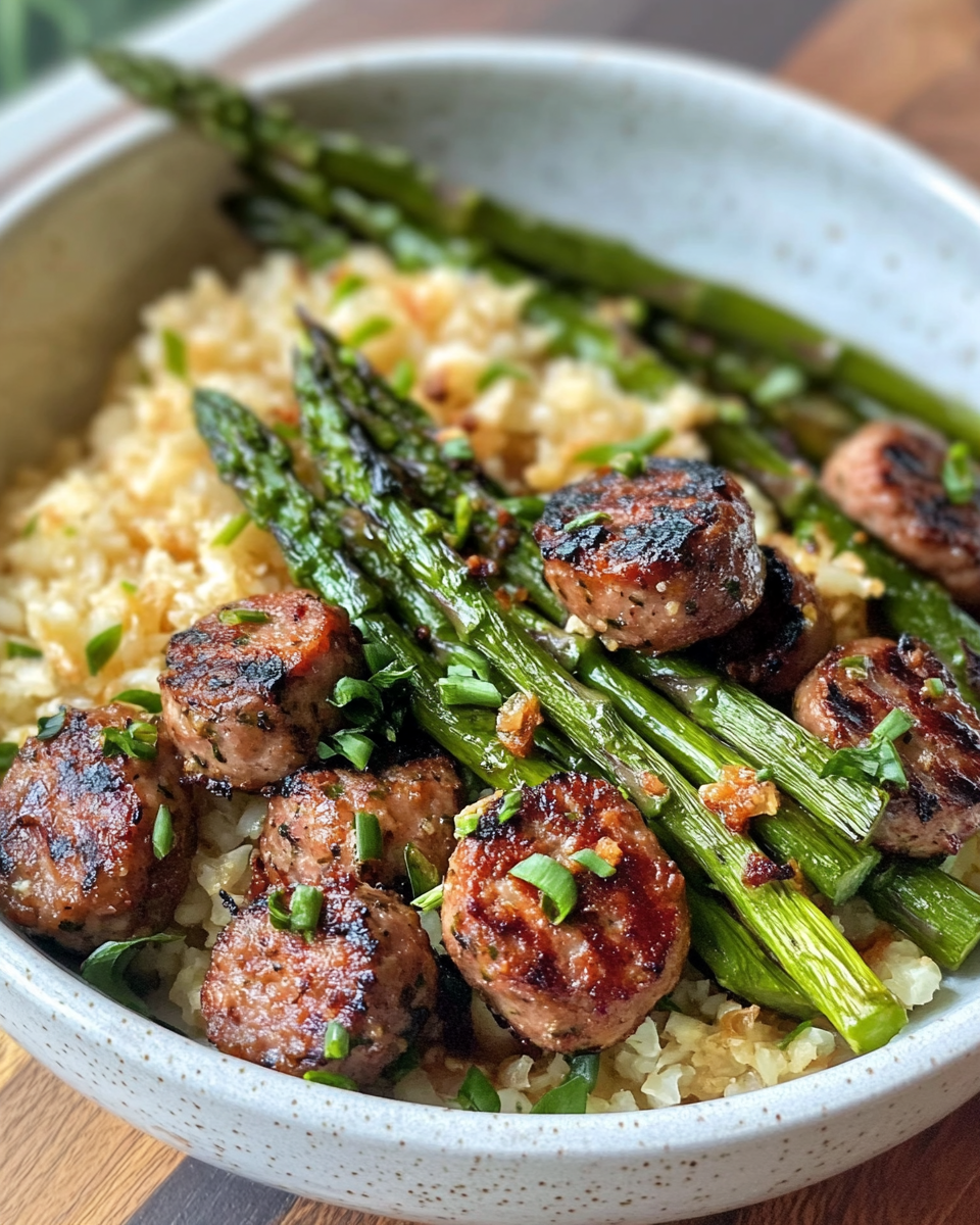 Final plated cauliflower rice bowl with grilled asparagus, sliced chicken sausage and pesto drizzle
