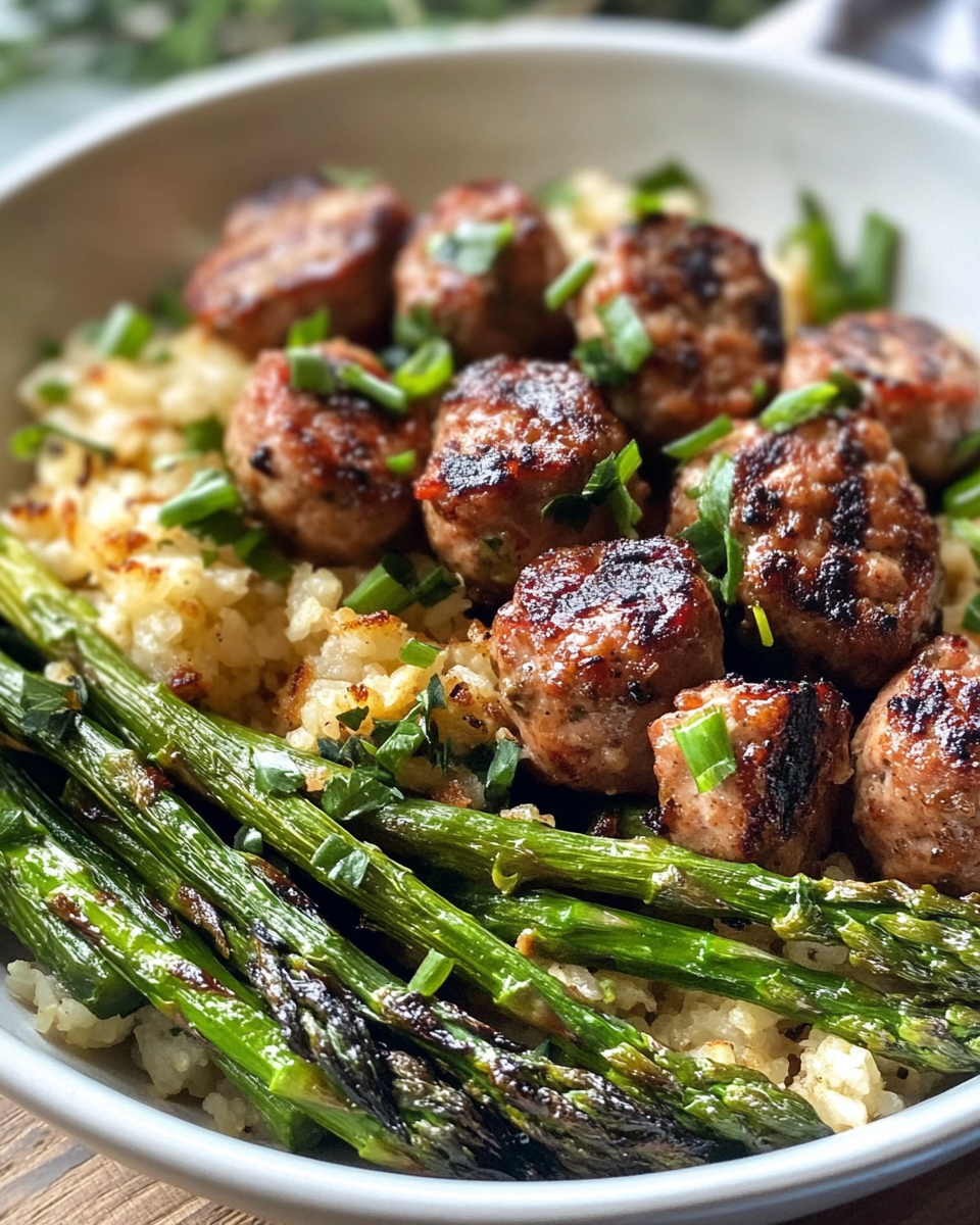 Cauliflower rice bowls with grilled asparagus and chicken sausage served in white bowls