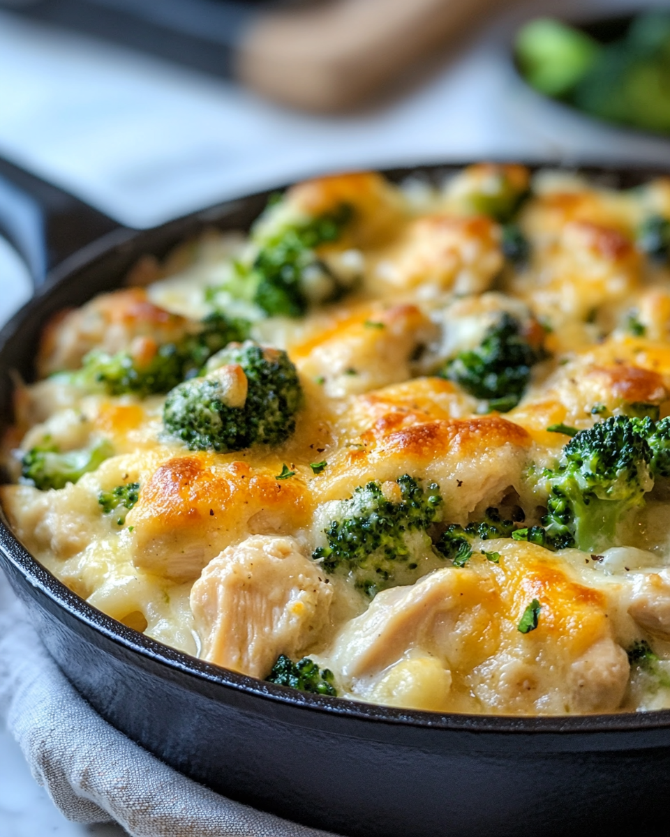 Ingredients laid out for cheesy chicken broccoli Alfredo skillet casserole in bowls and jars