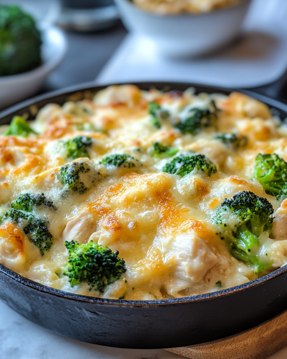 Golden melted Swiss and Parmesan cheese topping cheesy chicken broccoli Alfredo casserole
