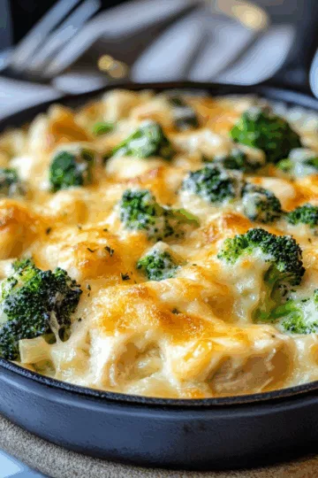 Cheesy Chicken & Broccoli Alfredo Skillet Casserole taken with iphone 15 pro max --iw 2 --ar 4:5 --v 6.1 --raw