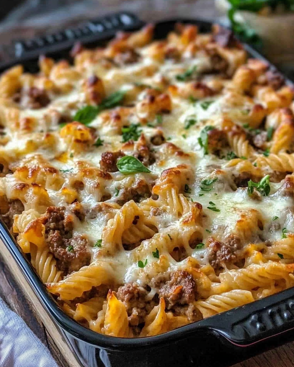 Ingredients and steps for creamy sausage and mushroom pasta bake