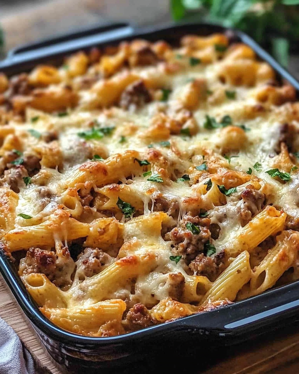 Close up of cheesy sausage and mushroom pasta bake with golden crumb topping