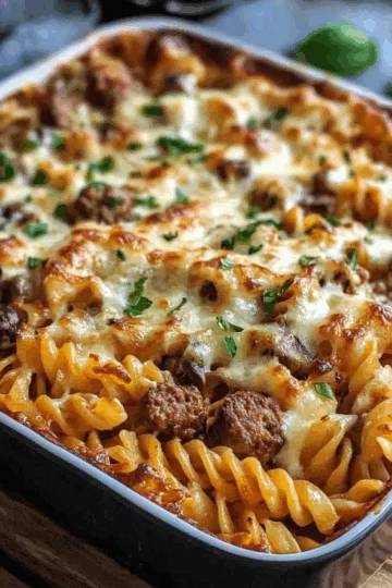 Cheesy Sausage and Mushroom Pasta Bake taken with iphone 15 pro max --iw 2 --ar 4:5 --v 6.1 --raw