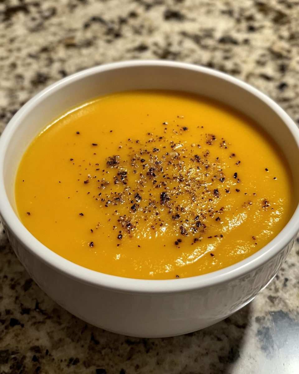 Served bowl of roasted butternut squash soup with creamy texture and garnish
