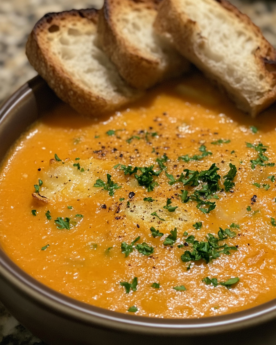 Freshly made Sopa de Ajo steaming in a bowl with garlic and bread