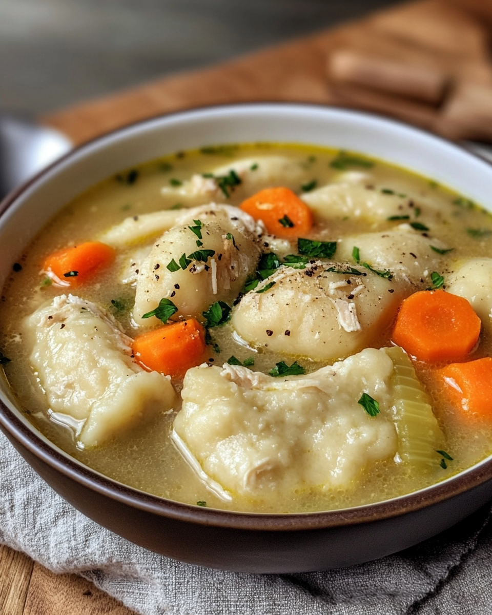A bowl of homemade chicken and dumplings soup ready to serve