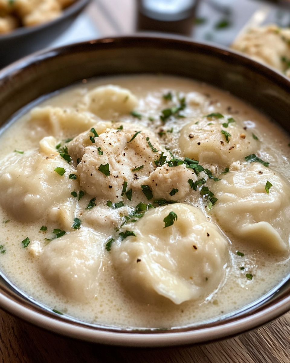 Finished bowl of creamy chicken and dumplings ready to serve