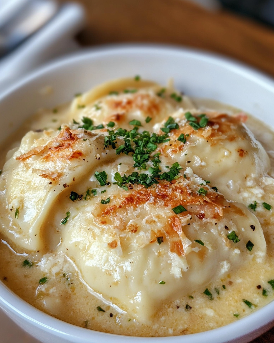 Cozy bowl of chicken and dumplings in a pressure cooker kitchen setting