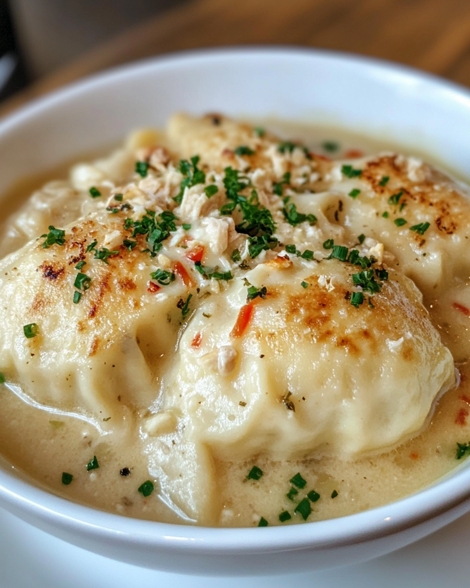 Served chicken and dumplings bowl with fresh herbs and spoon