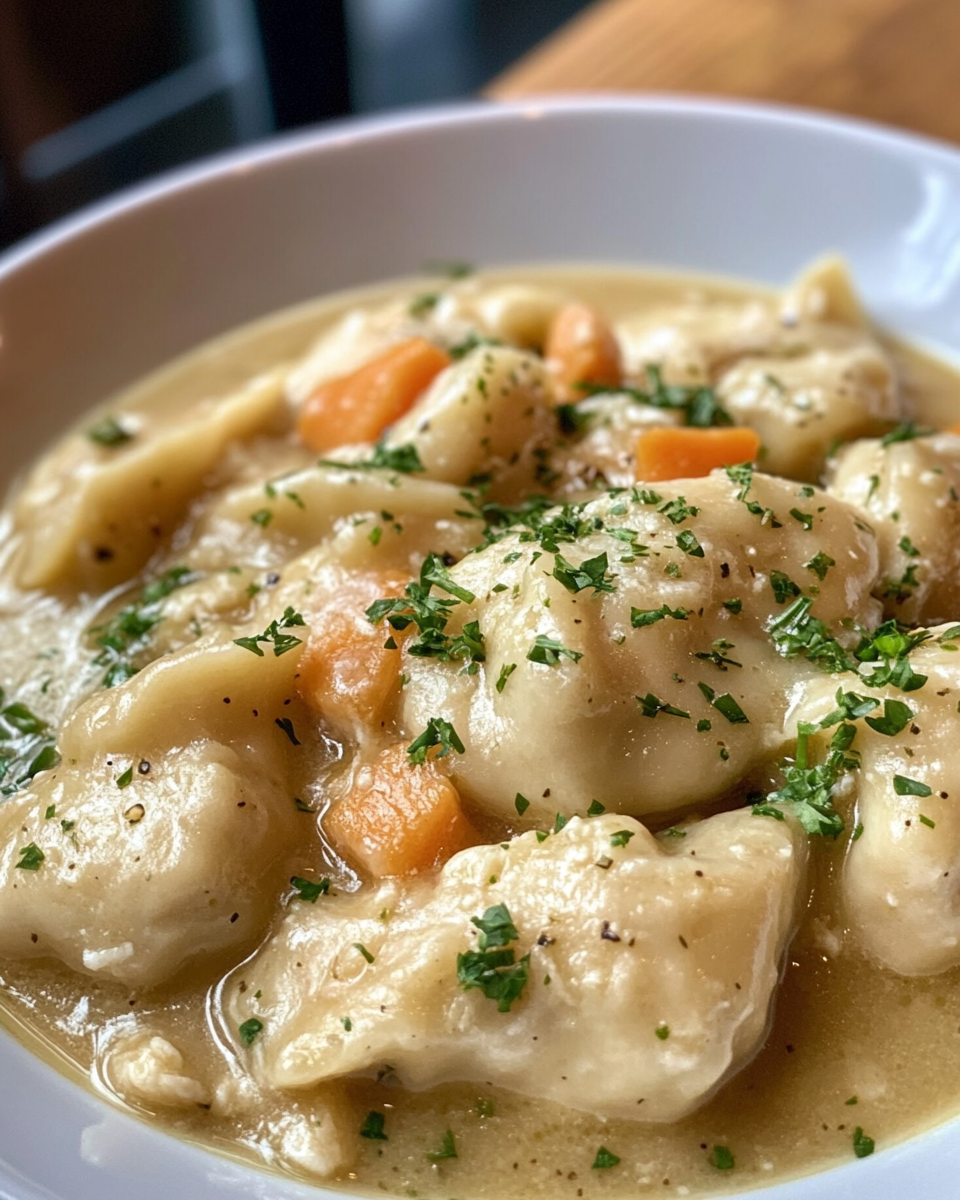 final delicious chicken and dumplings in a bowl ready to eat