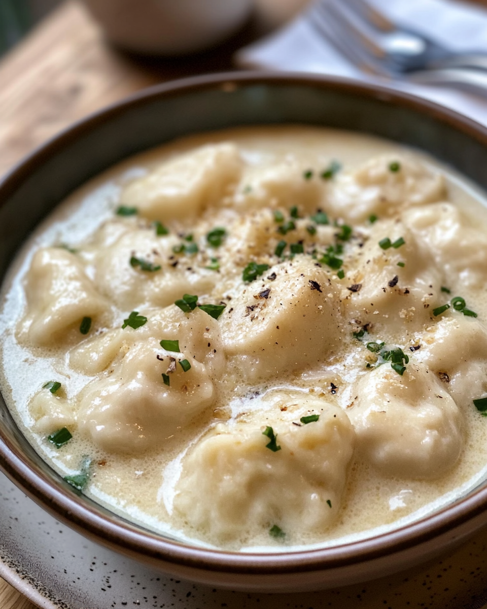 Close-up of chicken and dumplings served fresh