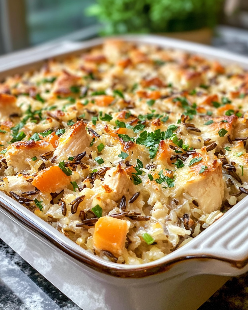 Final creamy garlic chicken wild rice casserole ready to serve
