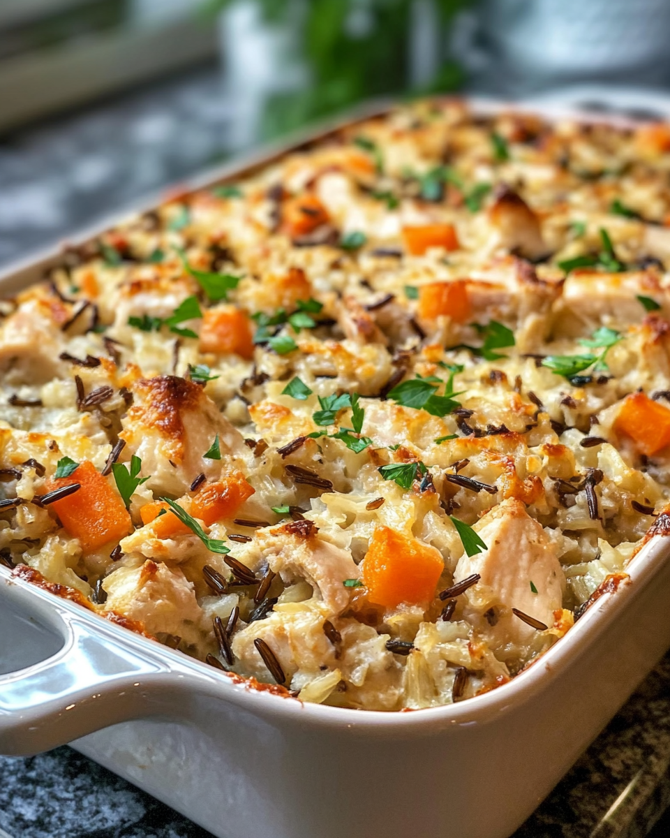 Creamy garlic chicken wild rice casserole steaming fresh from pressure cooker