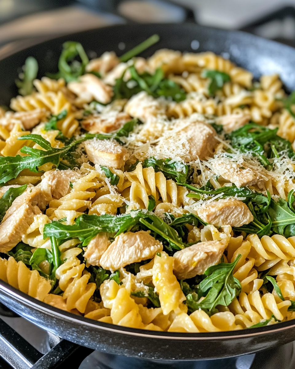 Sliced seasoned chicken and fresh ingredients for skillet pasta with lemon parmesan sauce
