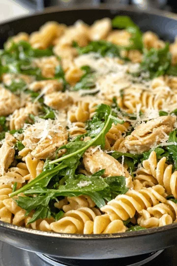 Chicken & Arugula Skillet Pasta with Lemon & Parmesan taken with iphone 15 pro max --iw 2 --ar 4:5 --v 6.1 --raw