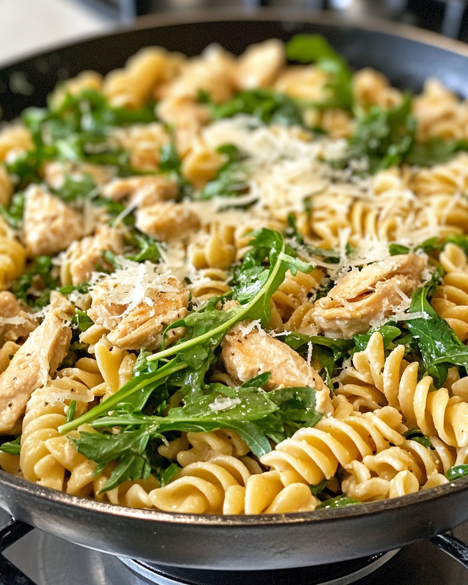 Fresh chicken arugula skillet pasta with lemon parmesan in pressure cooker