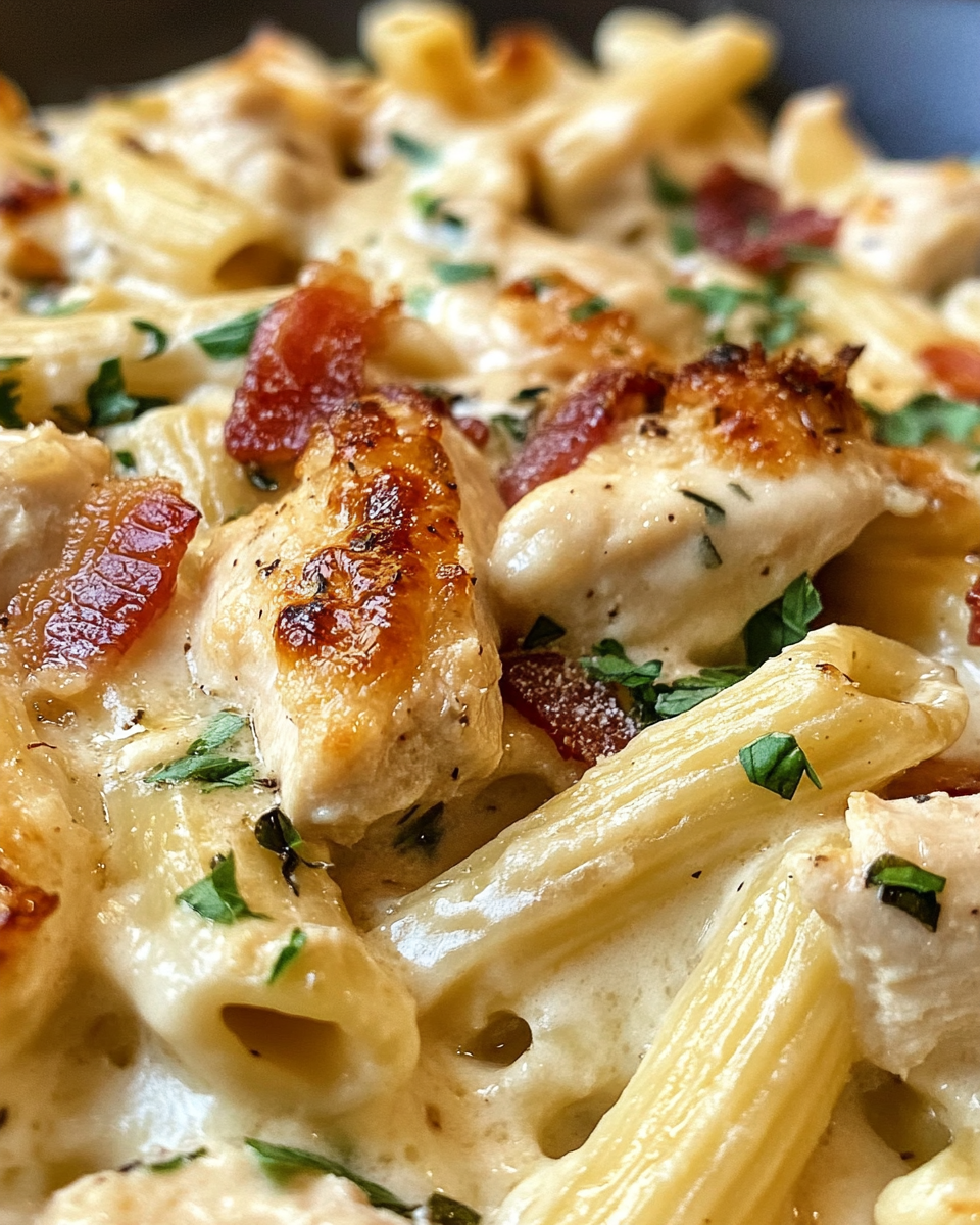 Served chicken bacon ranch pasta topped with crispy bacon crumbs