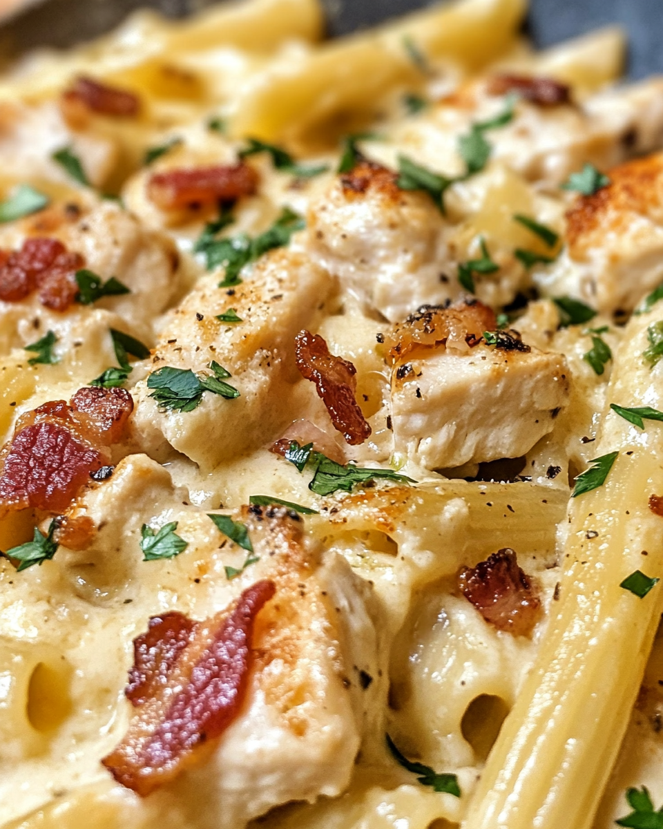 Creamy chicken bacon ranch pasta bubbling inside the cooker
