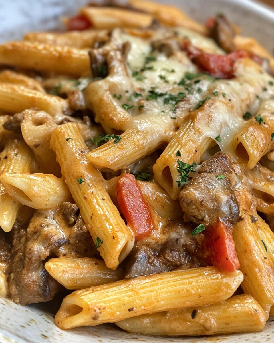 Finished chicken cheesesteak pasta served with fresh parsley garnish