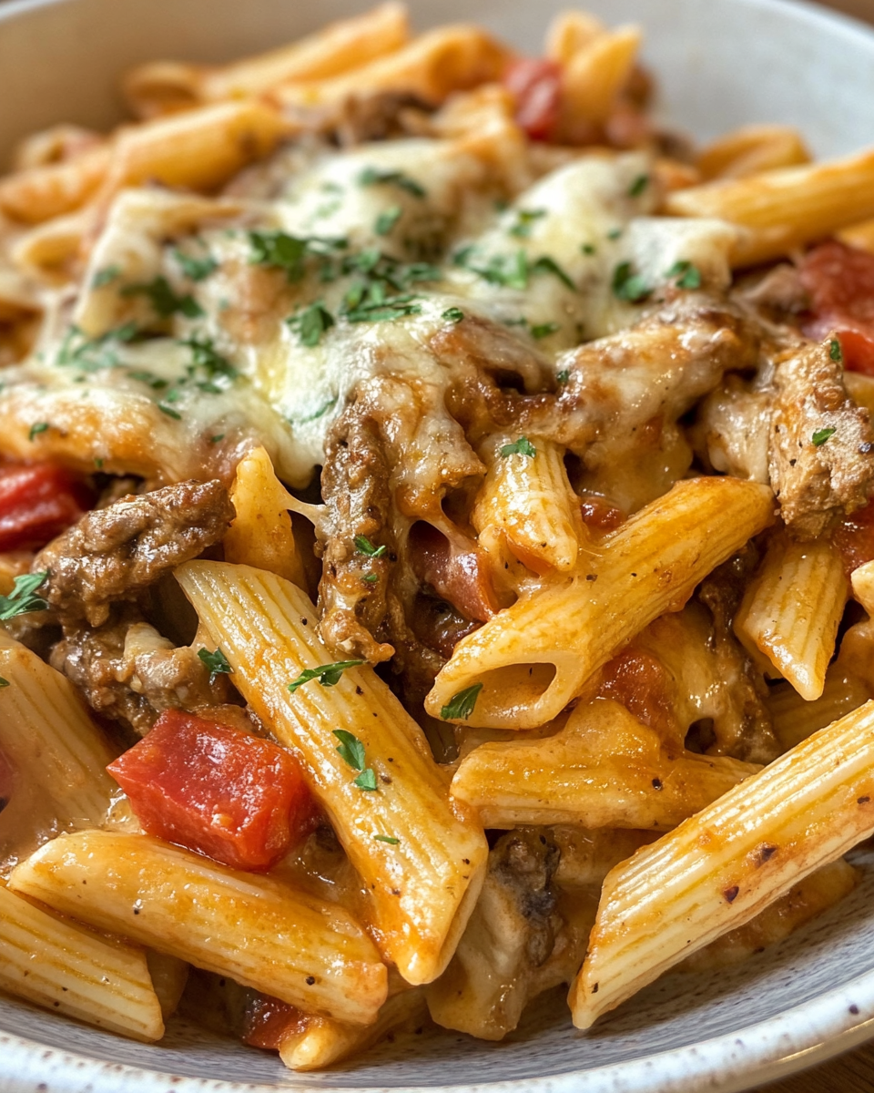 Creamy chicken cheesesteak pasta simmering in pressure cooker with steam