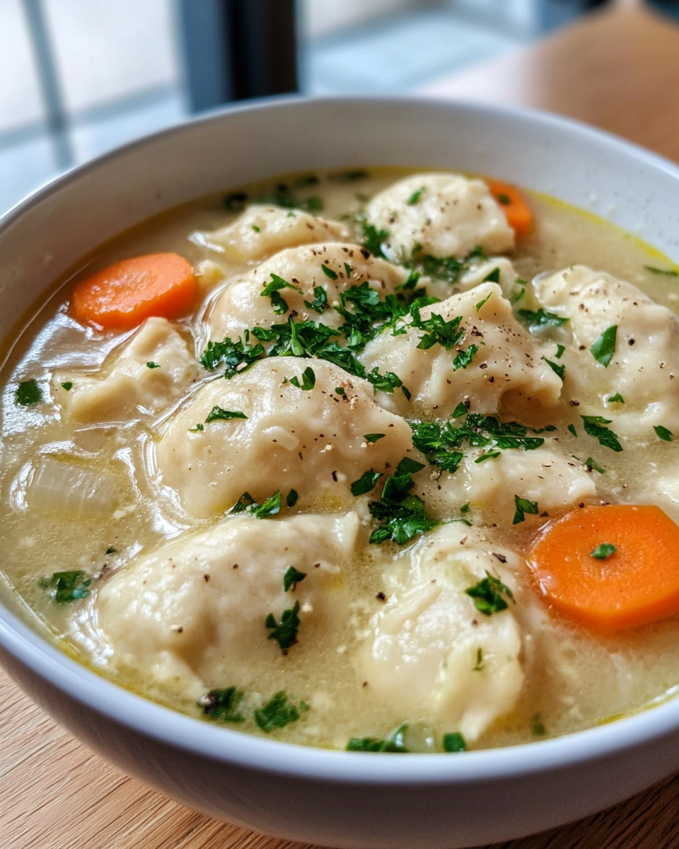 Bowl of finished chicken dumpling soup garnished with fresh parsley