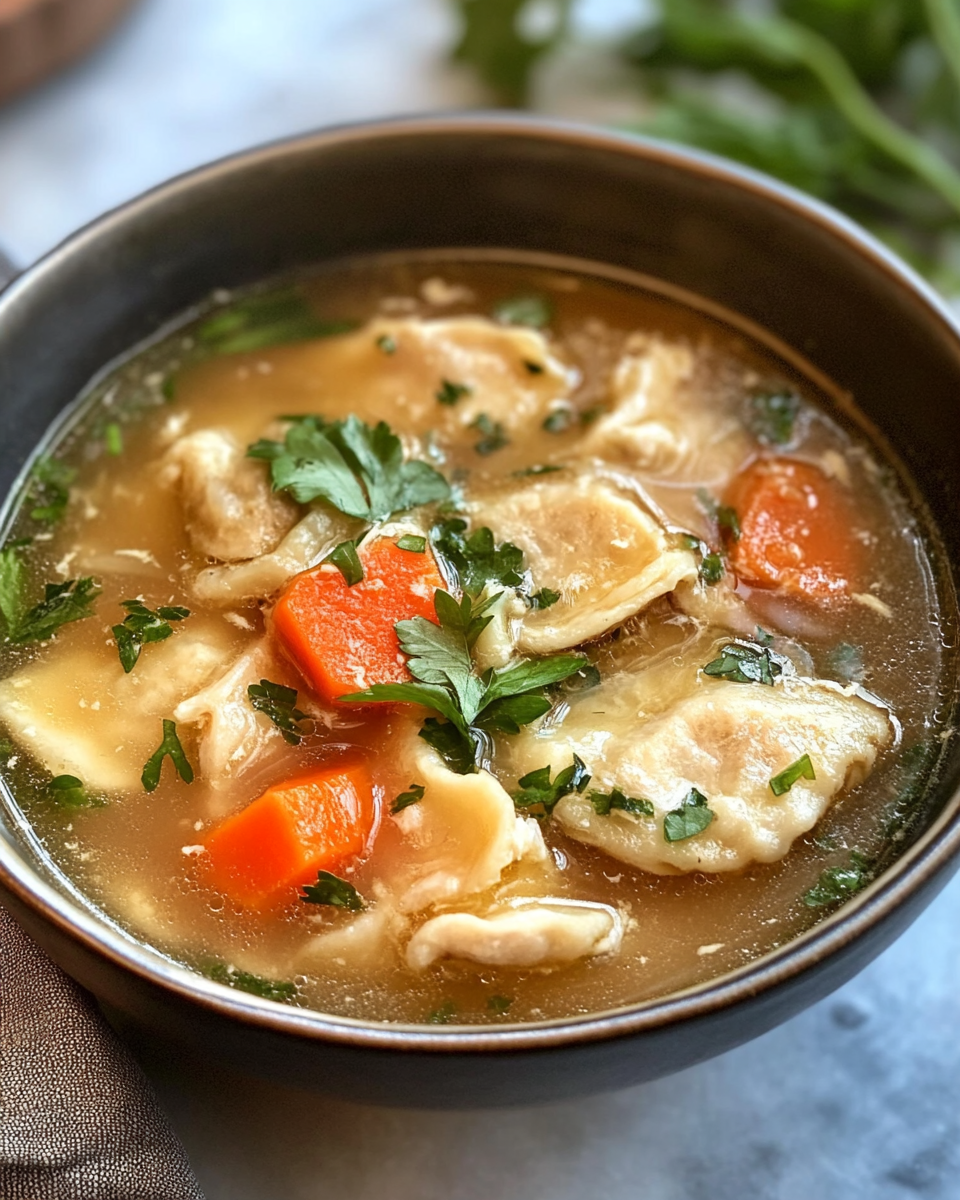 Close-up of fluffy chicken dumplings in rich soup broth