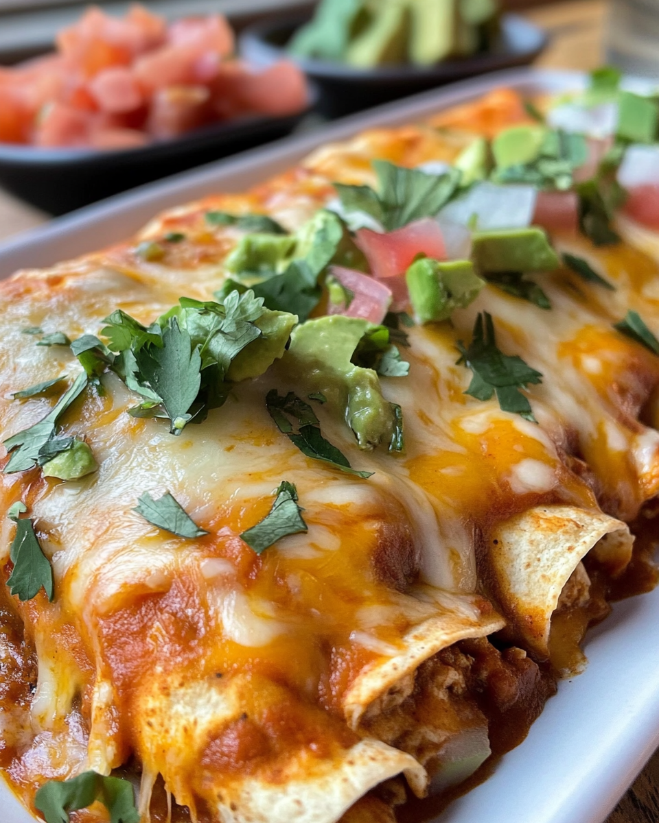 Freshly baked chicken enchiladas with melted cheese and sauce
