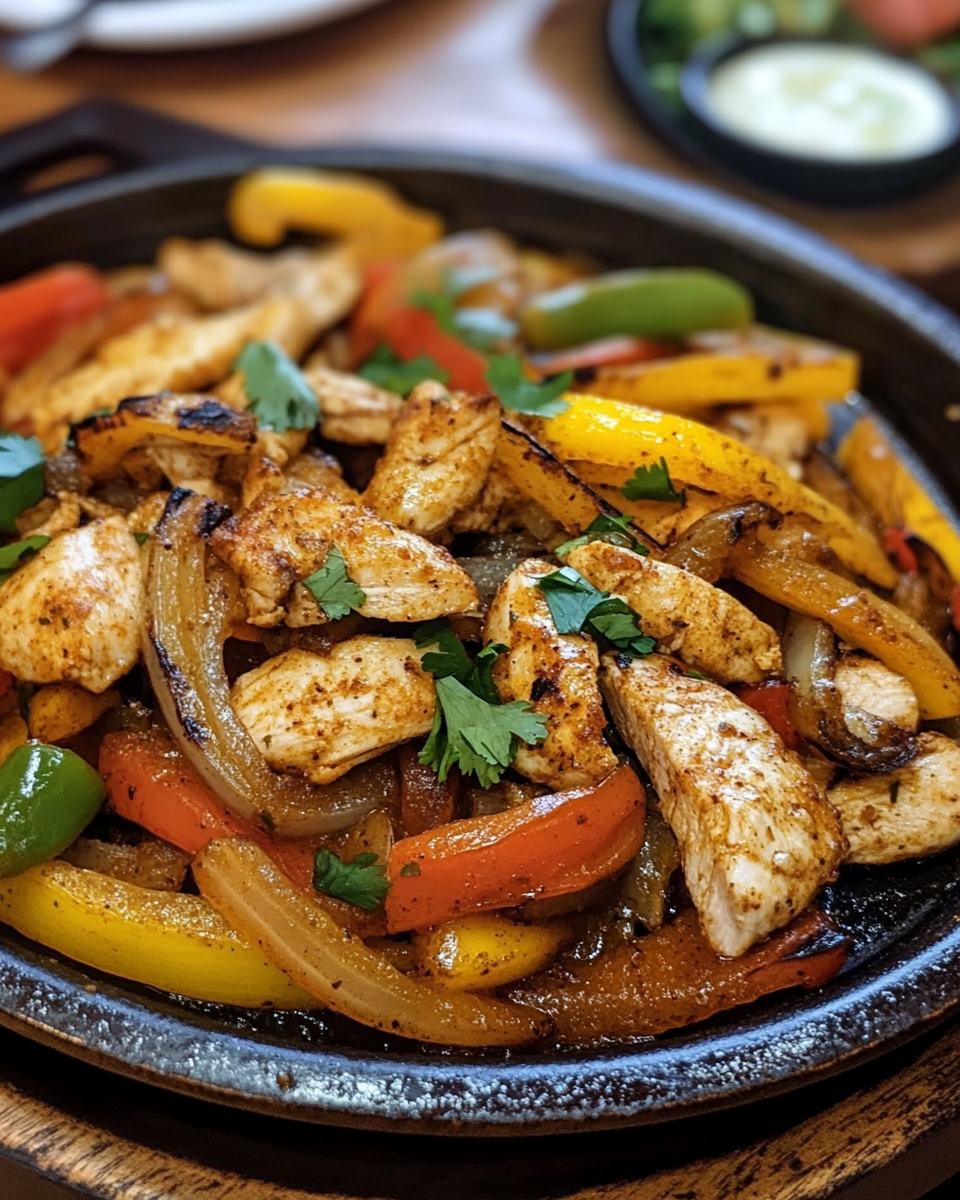 Ingredients for chicken fajitas including peppers, onions, olive oil, and seasoning