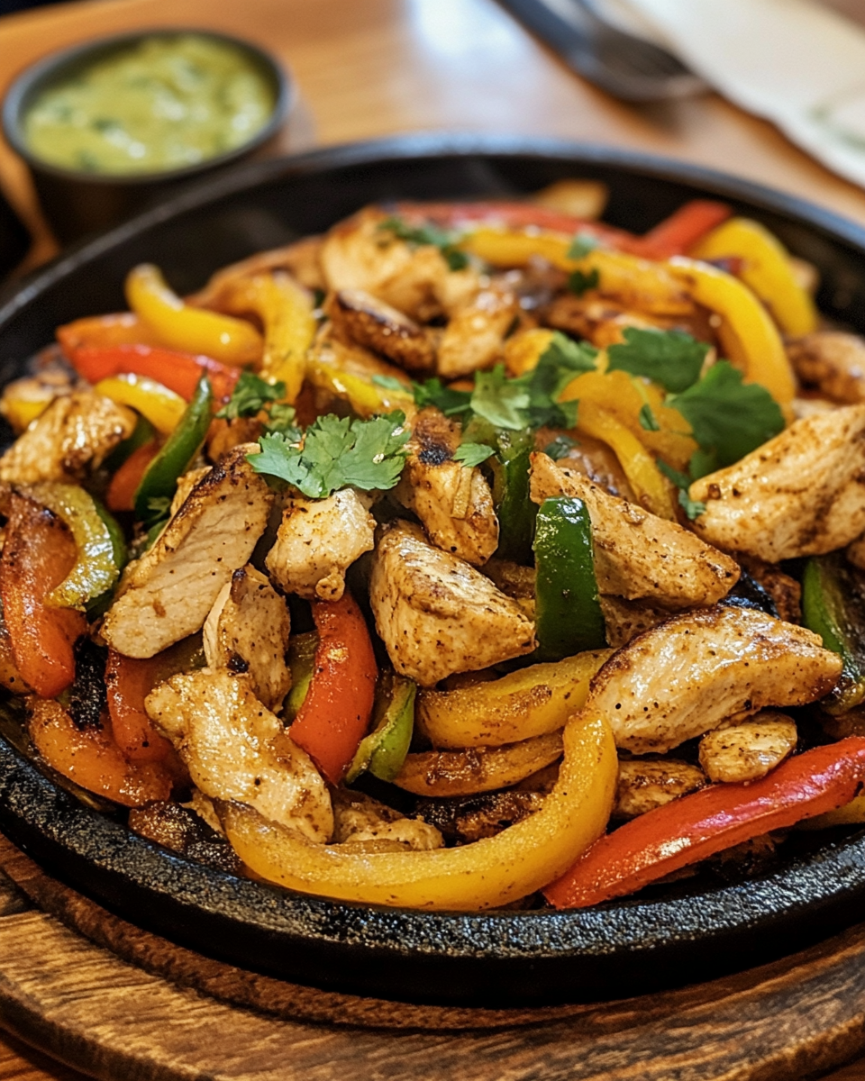 Sizzling chicken fajitas cooking with steam rising in pressure cooker