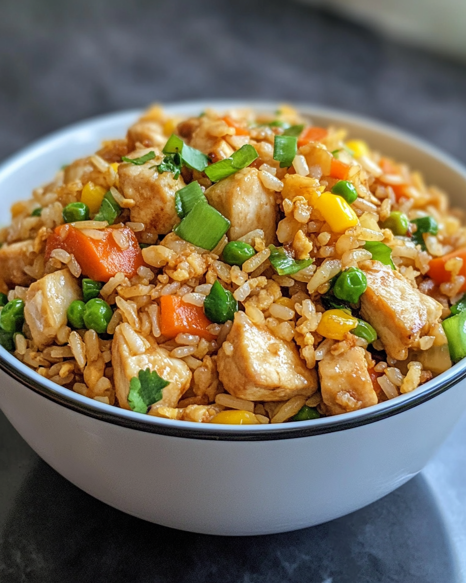 Ingredients lineup with sesame oil, diced chicken, frozen peas, carrots, and corn