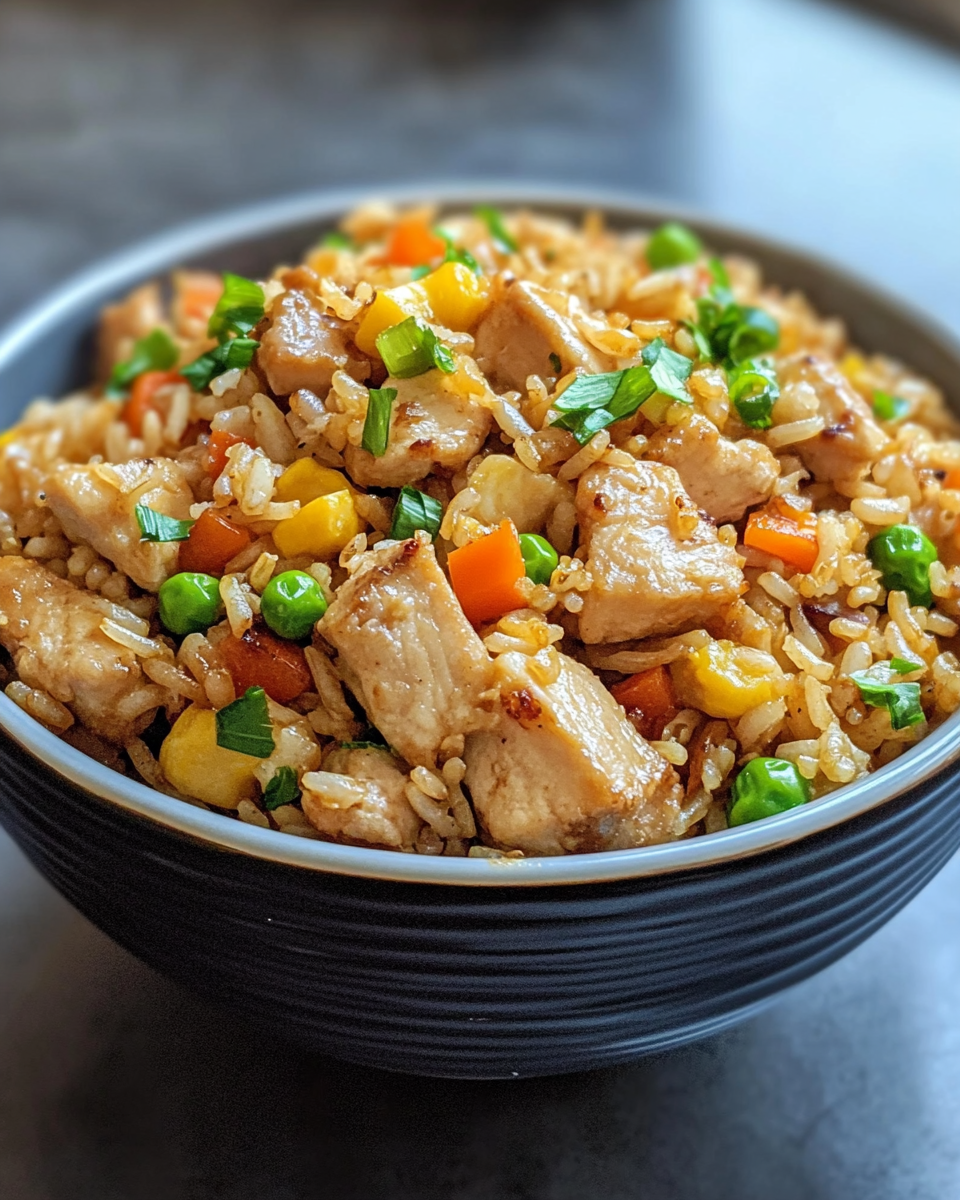 Serving bowl of finished chicken fried rice with peas, carrots, and egg